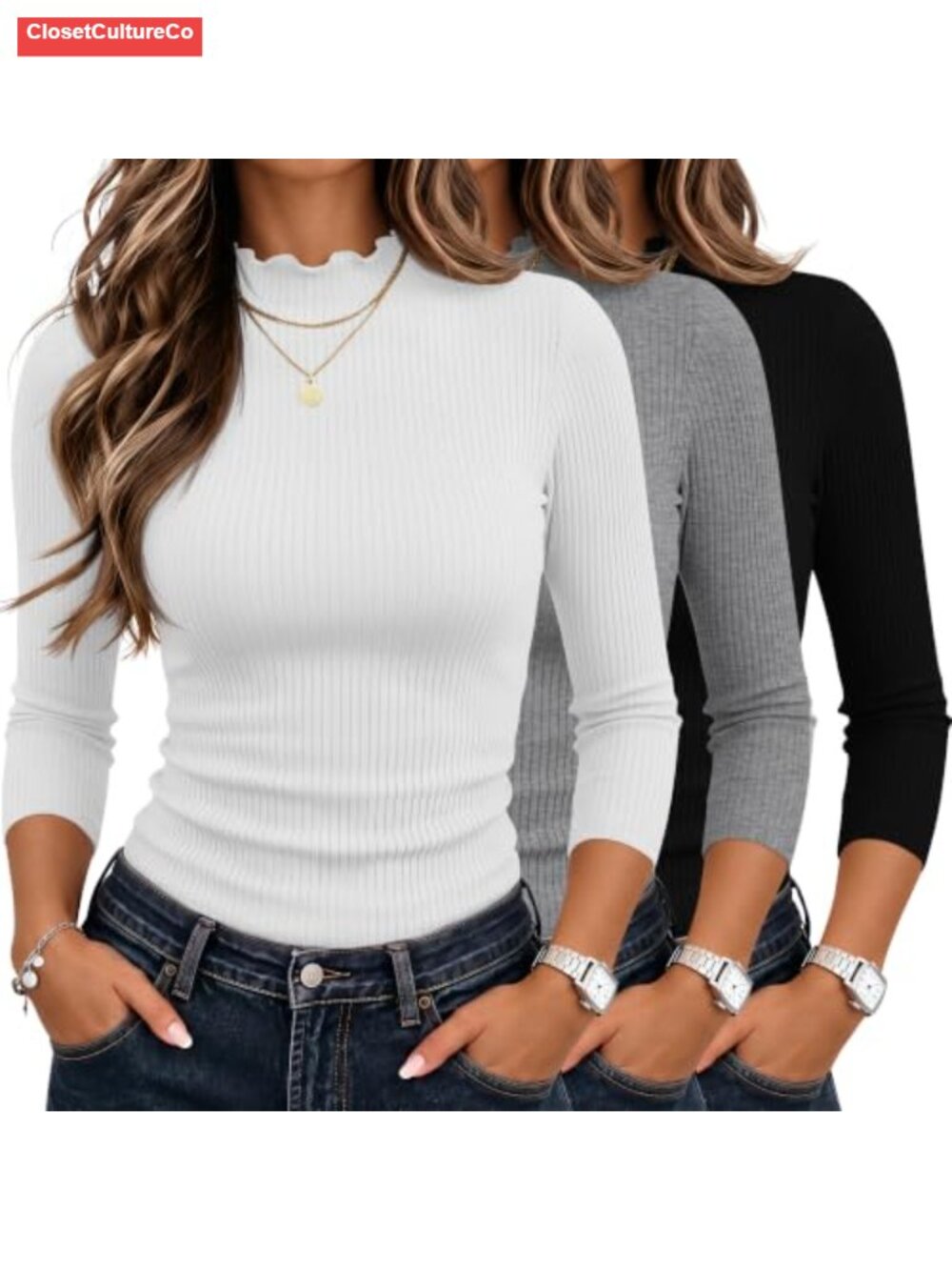 3 Pack Women's Cotton Ribbed 3/4 Sleeve Mock Neck Tops